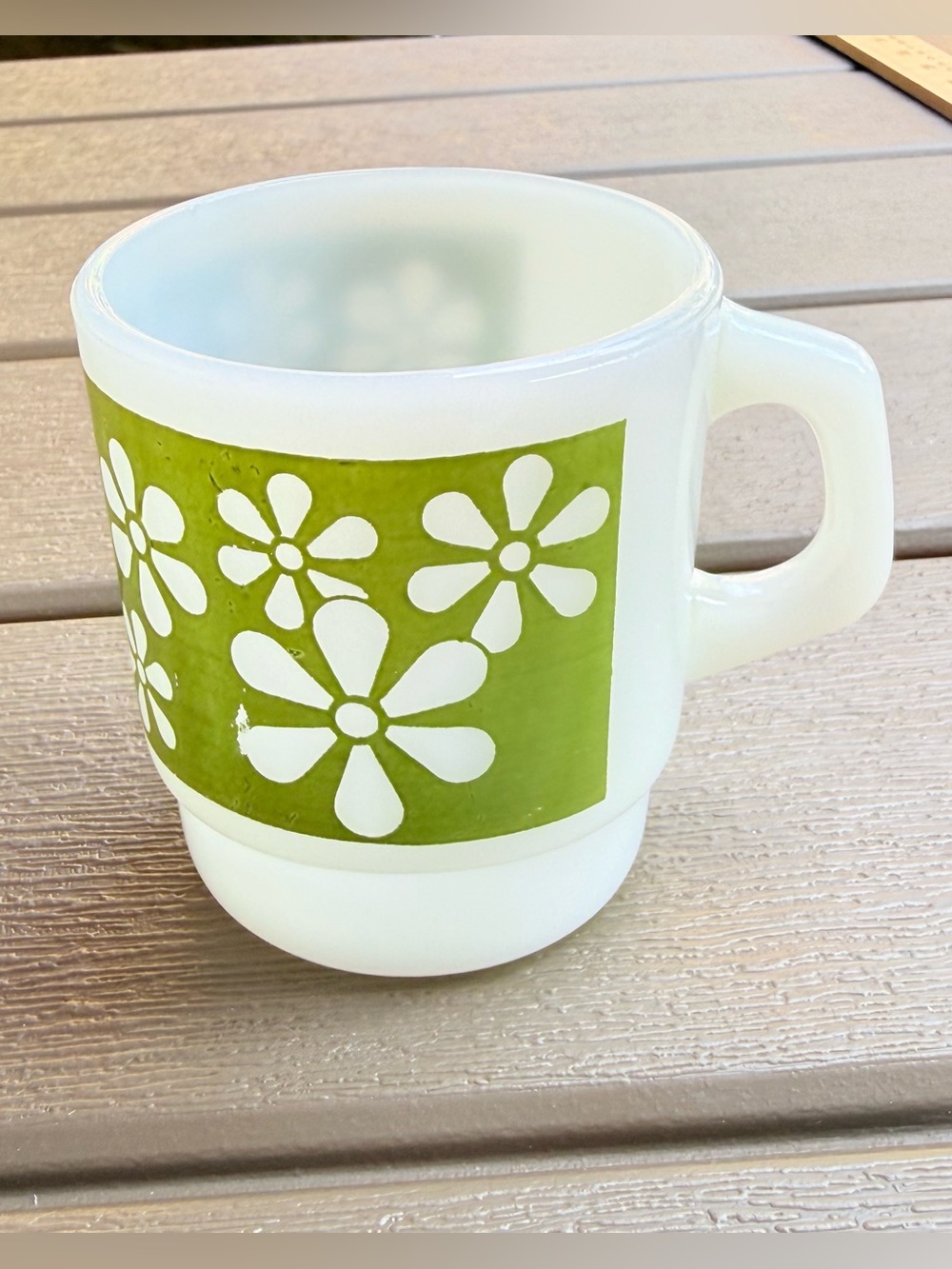 Vintage Fire King 1960s-1970s Stacking Mug Avocado Green Daisy